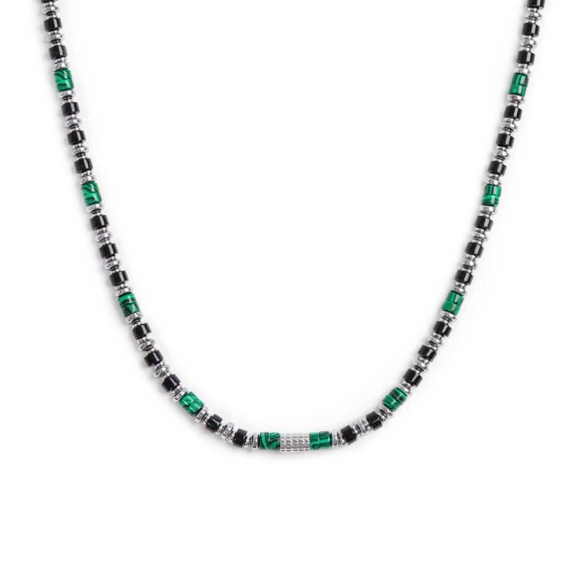 Collana con rondelle in malachite ed onice nera elementi in ematite