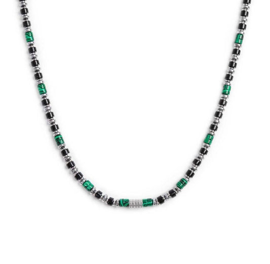 Collana con rondelle in malachite ed onice nera elementi in ematite