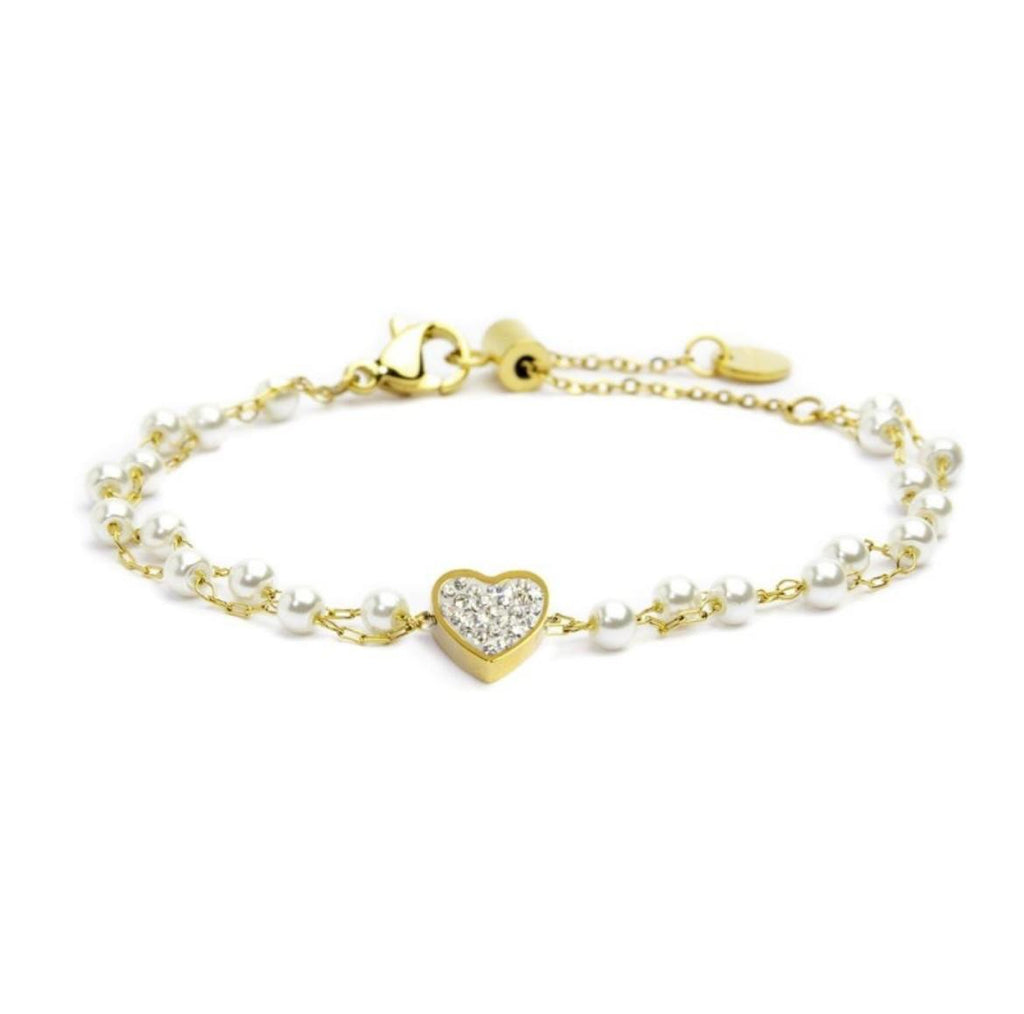 Bracciale cuore cristalli doppia catena con perle
